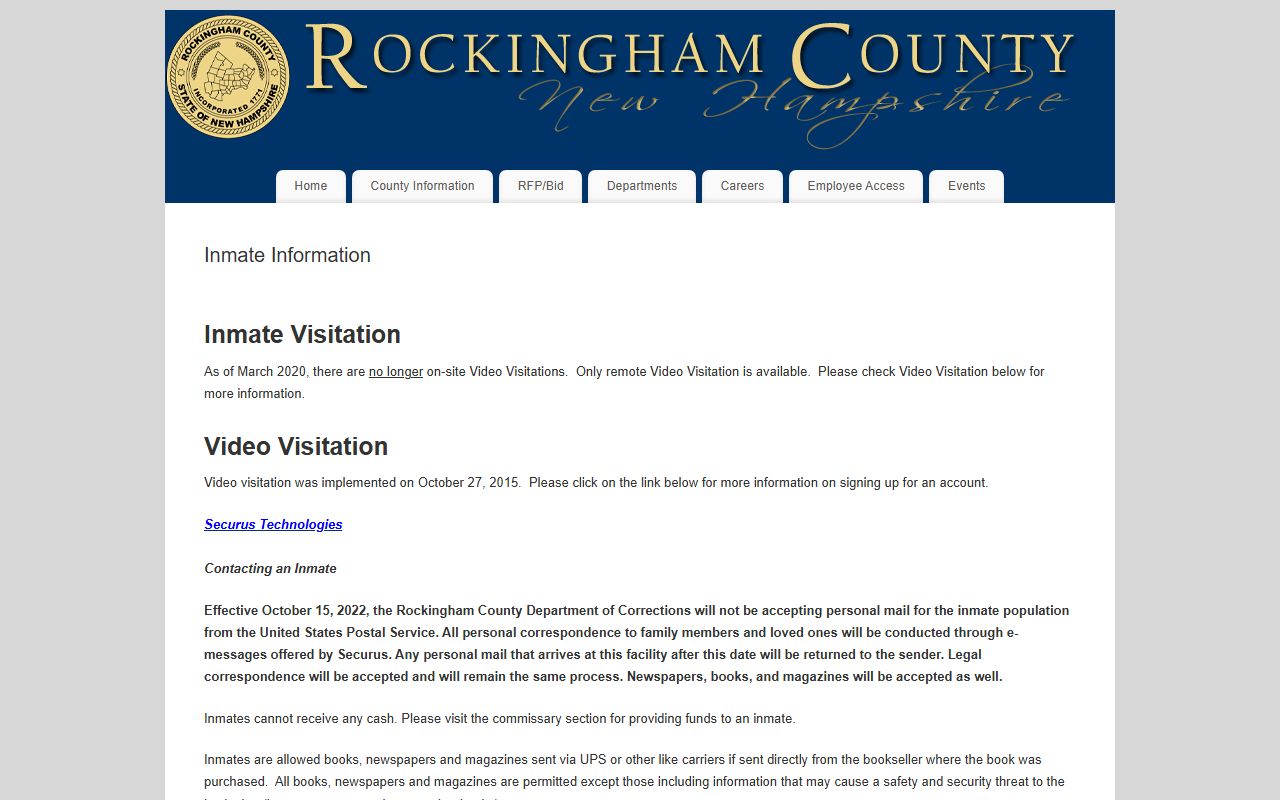 Rockingham County inmate information page with visitation, mail, and commissary details