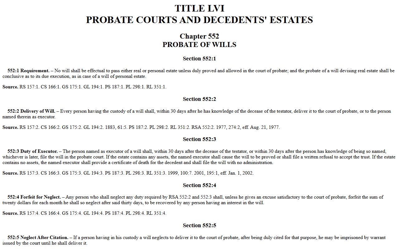 New Hampshire RSA 552 probate of wills statute for Rockingham County probate records
